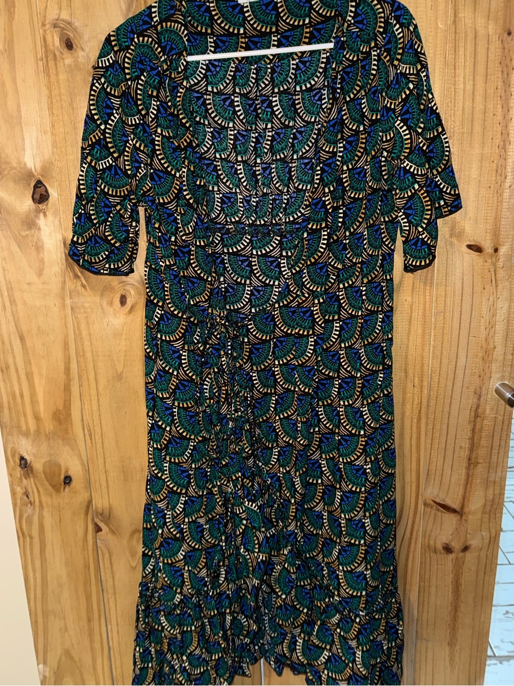 Blue and Green Patterned Midi Wrap Dress with Tie Waist